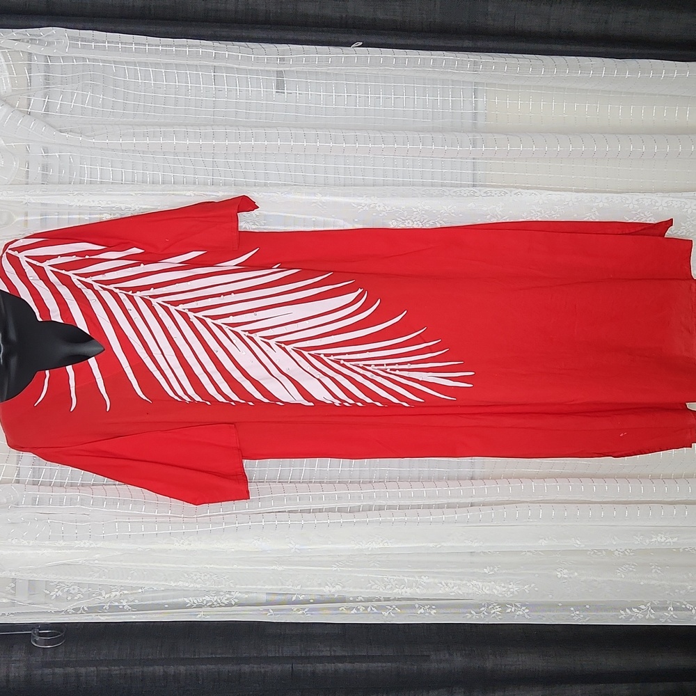 Red & White Leaf-Print Maxi Dress Mumu Puletas Kaftan Swim Suit Cover-up SzXXL